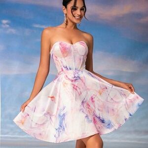 White and Pink Strapless Ruffled Prom Dress